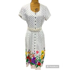 Women’s Vintage White Polkadot Floral Tina Barrie Dress